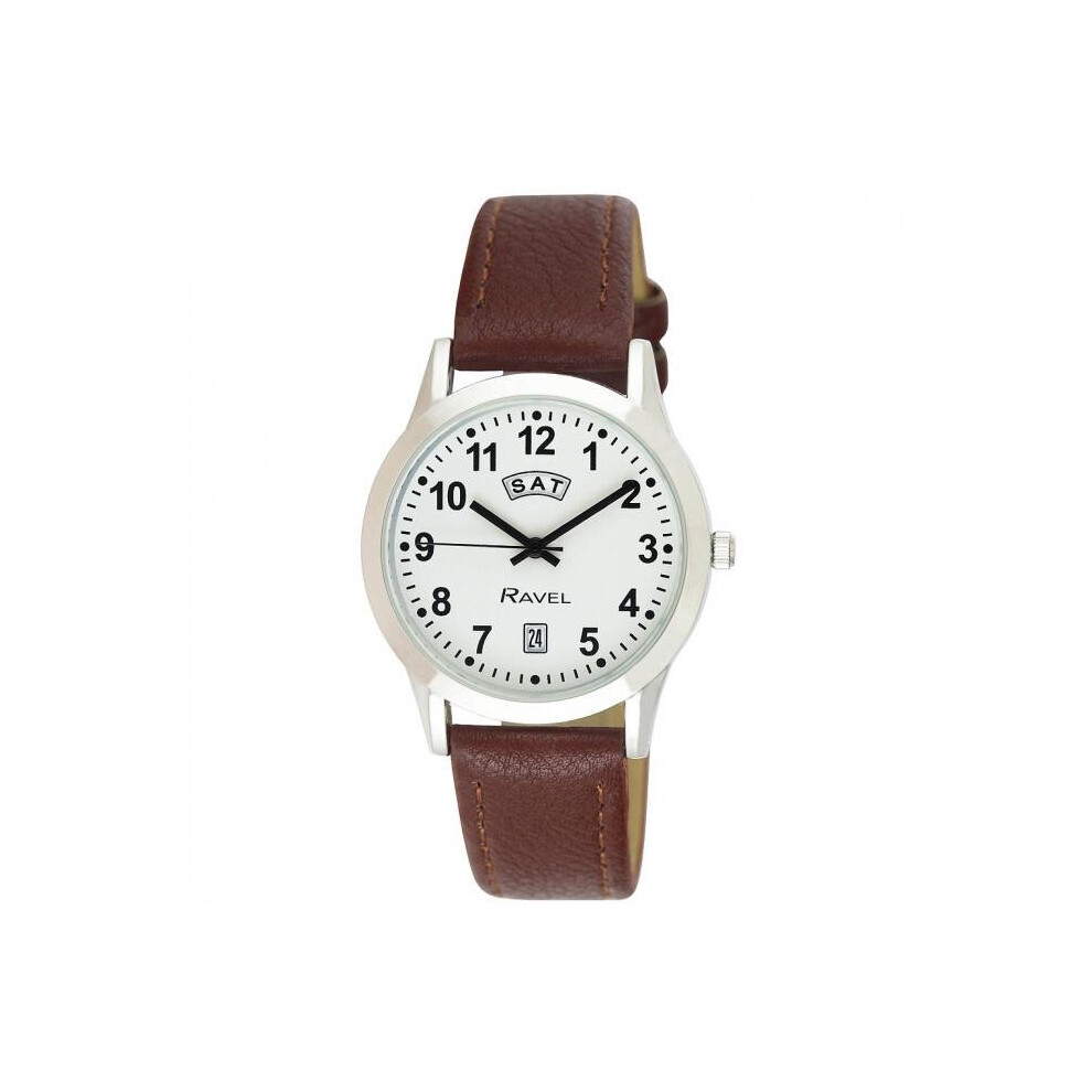 Ravel Gents Stainless Steel Day/Date Brown Faux Leather Strap Watch R0706.41.1