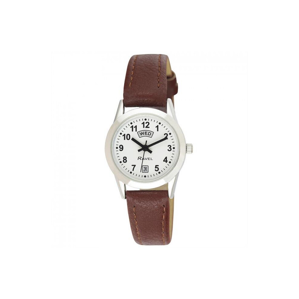 Ravel Ladies Stainless Steel Day/Date Brown Faux Leather Strap Watch R0706.41.2