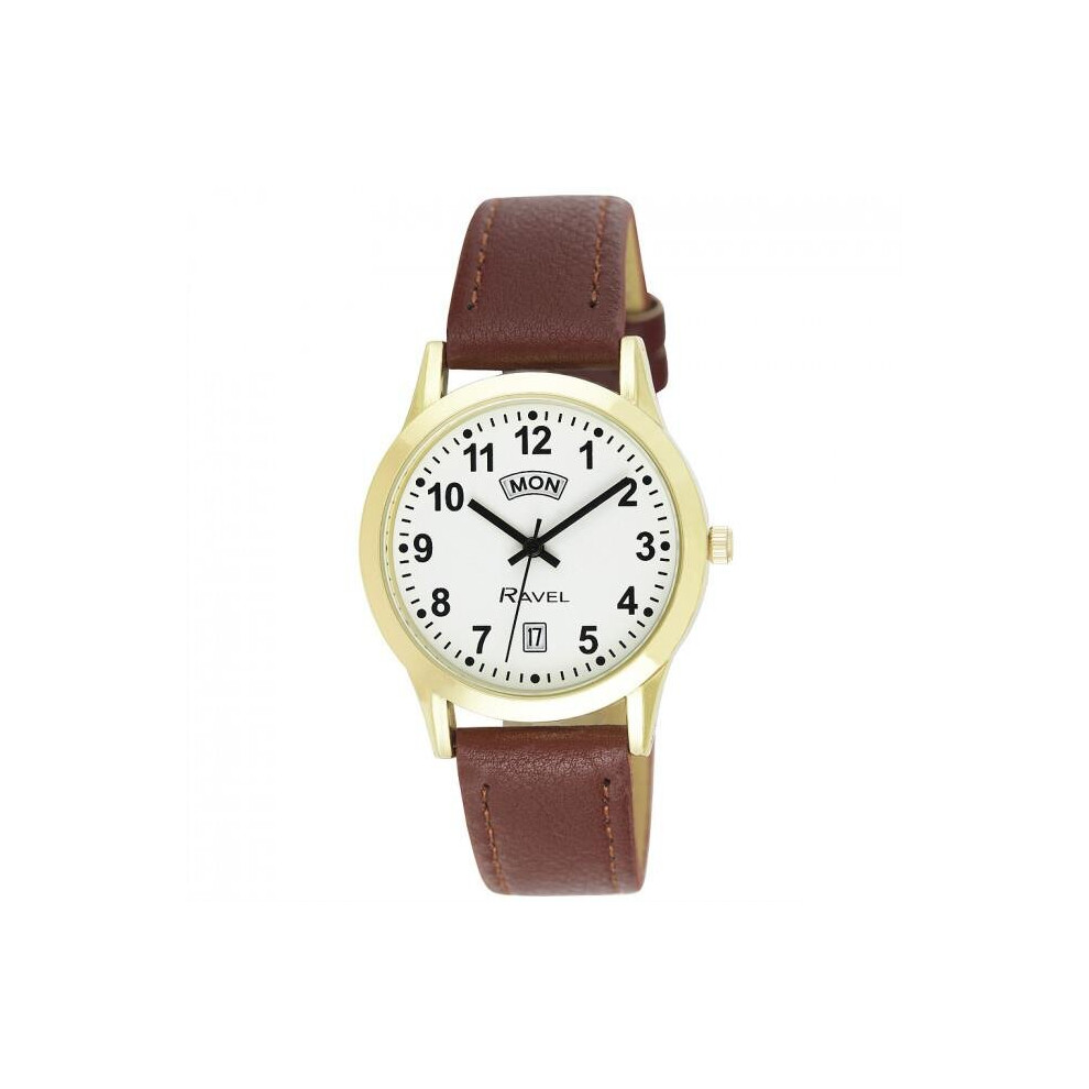 Ravel Gents Gilt Day/Date Brown Faux Leather Strap Watch R0706.42.1