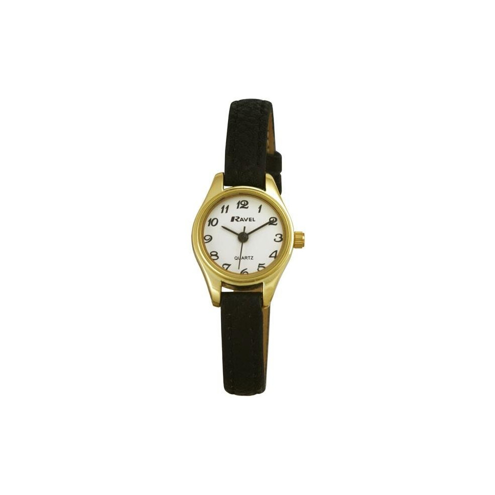 Ravel Ladies Polished Round Petite Gilt Case Black Strap Watch R0124.03.2