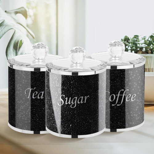 3pc Black Crystal Filled Tea Coffee Sugar Canisters Jars Storage 1