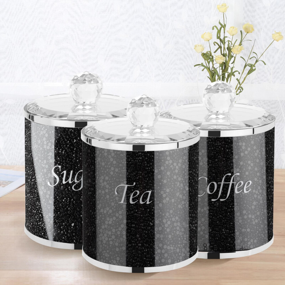 3pc Black Crystal Filled Tea Coffee Sugar Canisters Jars Storage