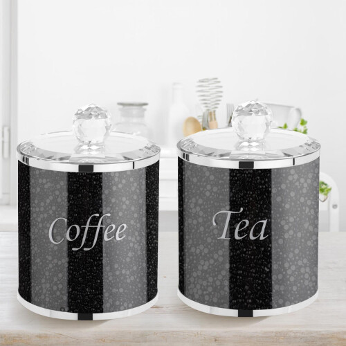3pc Black Crystal Filled Tea Coffee Sugar Canisters Jars Storage 2