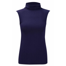 (Navy, M/L UK 12-14 US 8-10) Women Polo Neck Top Ladies Plain Sleeveless Jumper