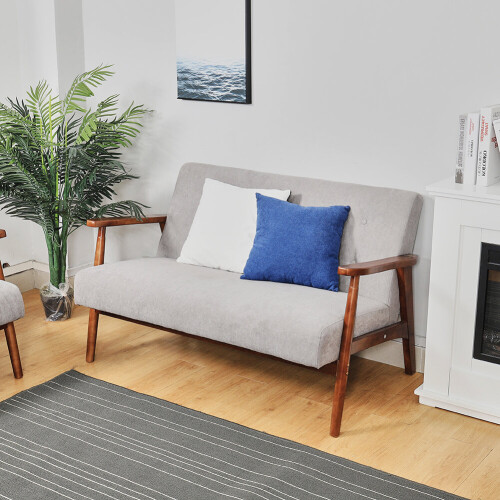 Living And Home 2-Seater Walnut Wood Frame Arm Chair Grey Fabric Upholstered Sofa with Button Tufting, High Back, Solid Wood Construction 1