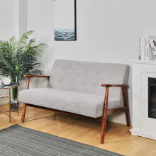 2-Seater Walnut Wood Frame Arm Chair Grey Fabric Upholstered Sofa with Button Tufting, High Back, Solid Wood Construction