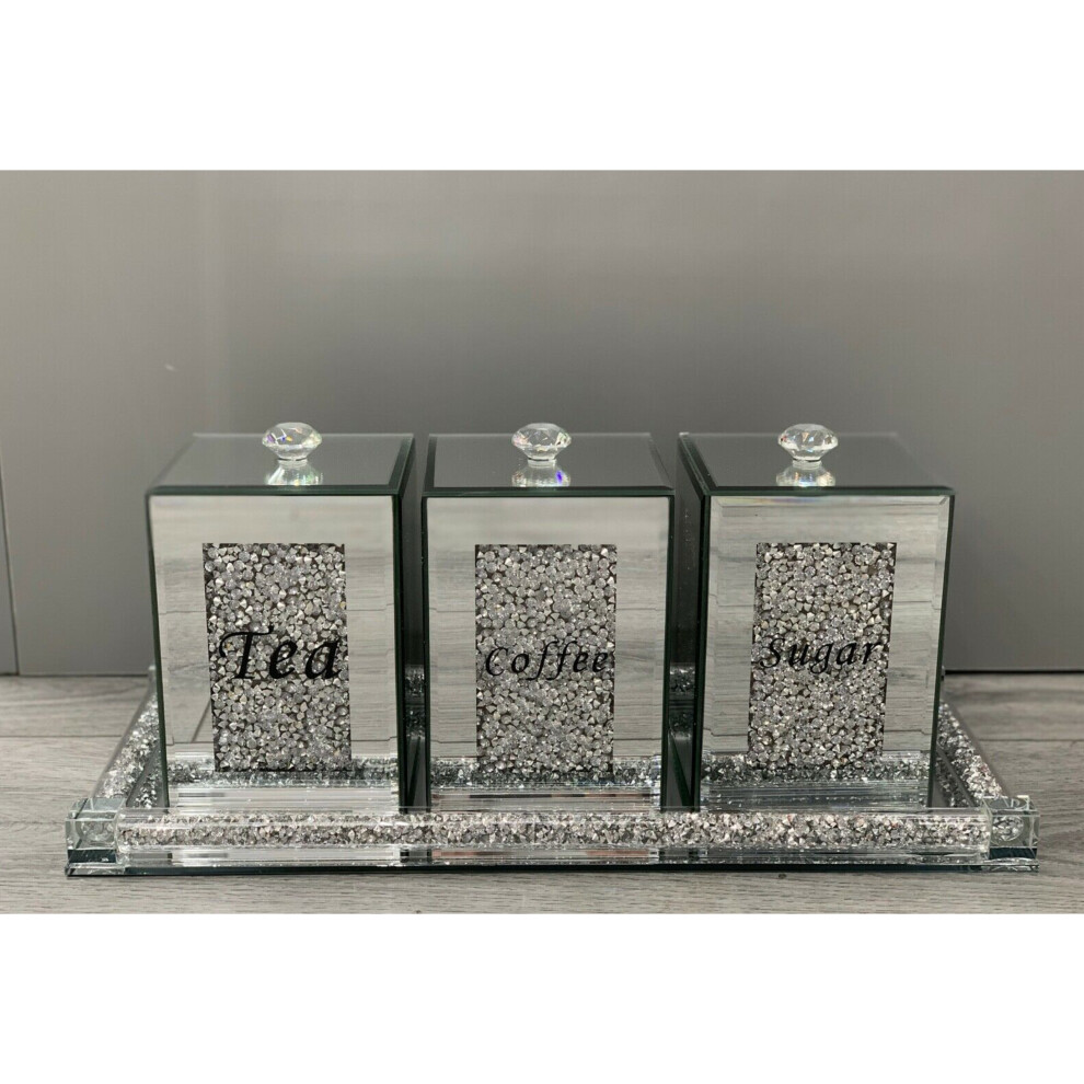 CRUSHED DIAMOND JARS+TRAY CRYSTAL FILLED TEA COFFEE SUGAR CANISTERS