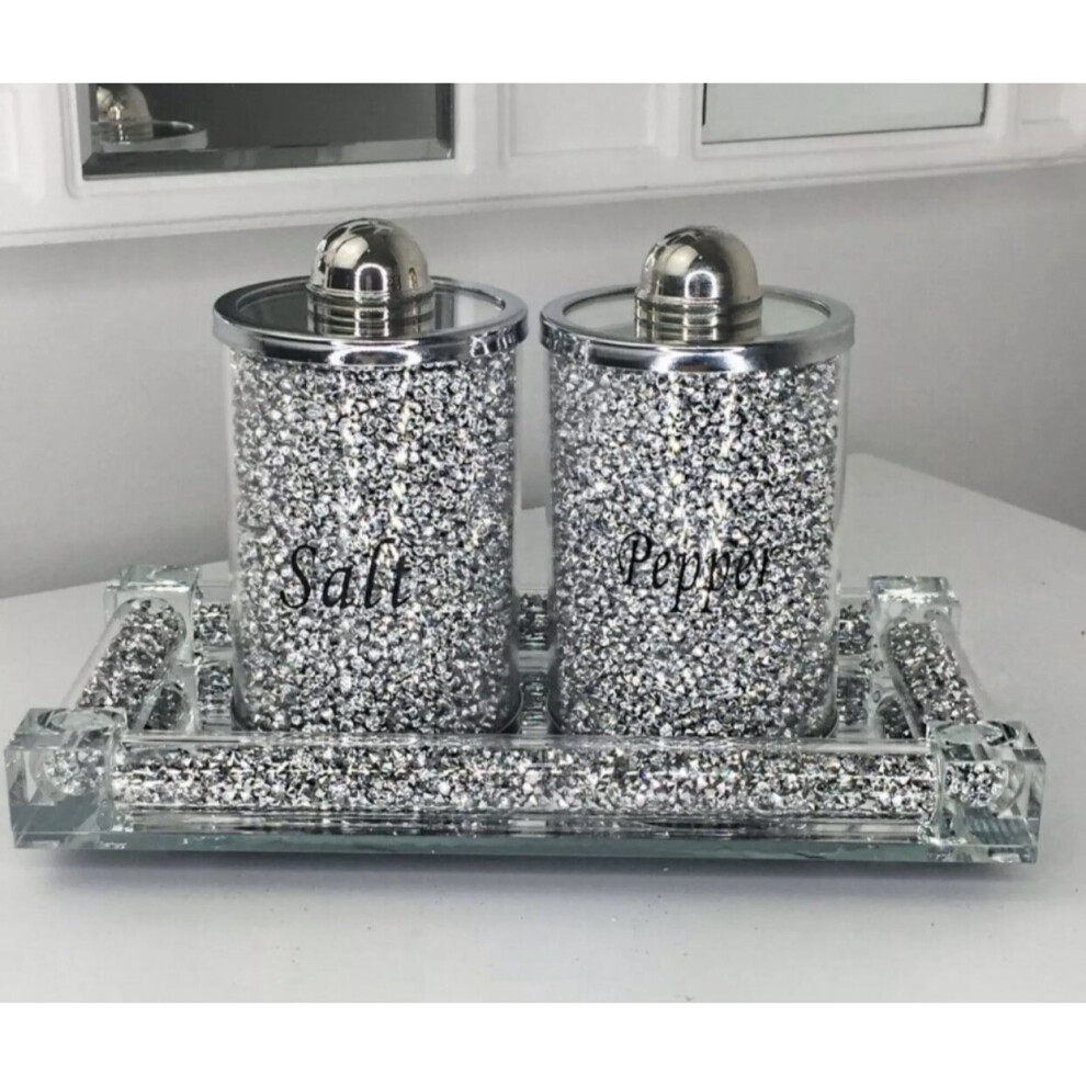 XL Silver Crushed Crystal Diamond Tray+ Salt And Pepper Shakers,Romany