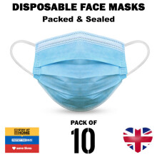 Pack of 10 x Three-Ply Face Mask Cover, Mouth & Nose Protection in Sealed Bag