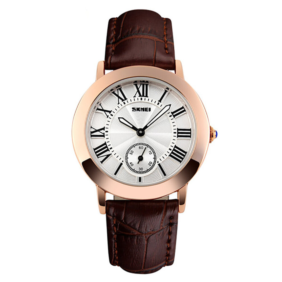 (Brown) Skmei Beautiful Women's Watch Rose Gold Roman Numerals Genuine Leather Strap