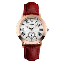 (Red) Skmei Beautiful Women's Watch Rose Gold Roman Numerals Genuine Leather Strap