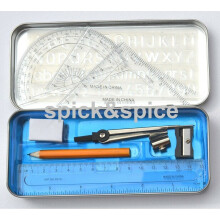 10-Piece School Math Set in Tin Case: 15cm Ruler, Compass, 2 Set Squares, Stencil, HB Pencil, Eraser, Sharpener