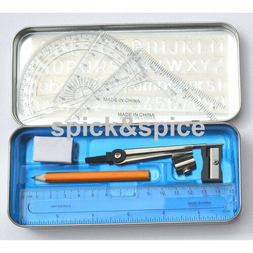 10-Piece School Math Set in Tin Case: 15cm Ruler, Compass, 2 Set Squares, Stencil, HB Pencil, Eraser, Sharpener