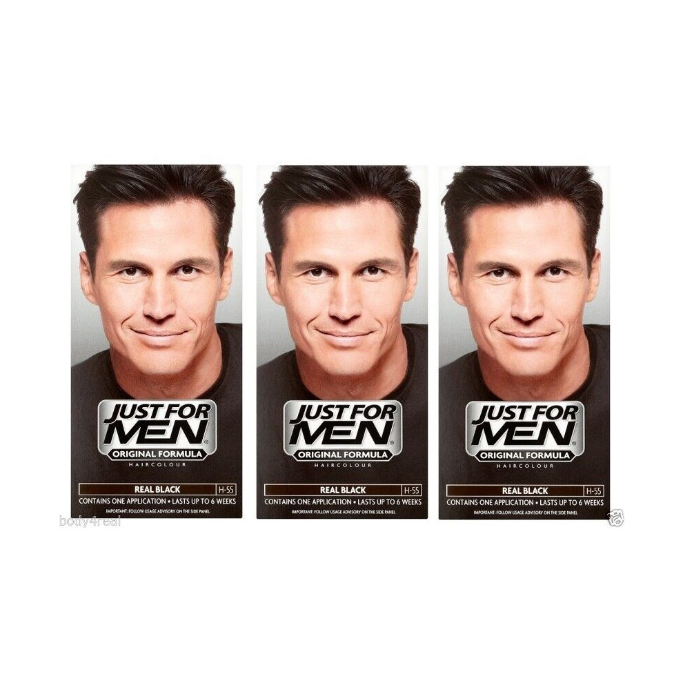 Just For Men Mens Shampoo Hair Colour Real Black H55 Permanent x3