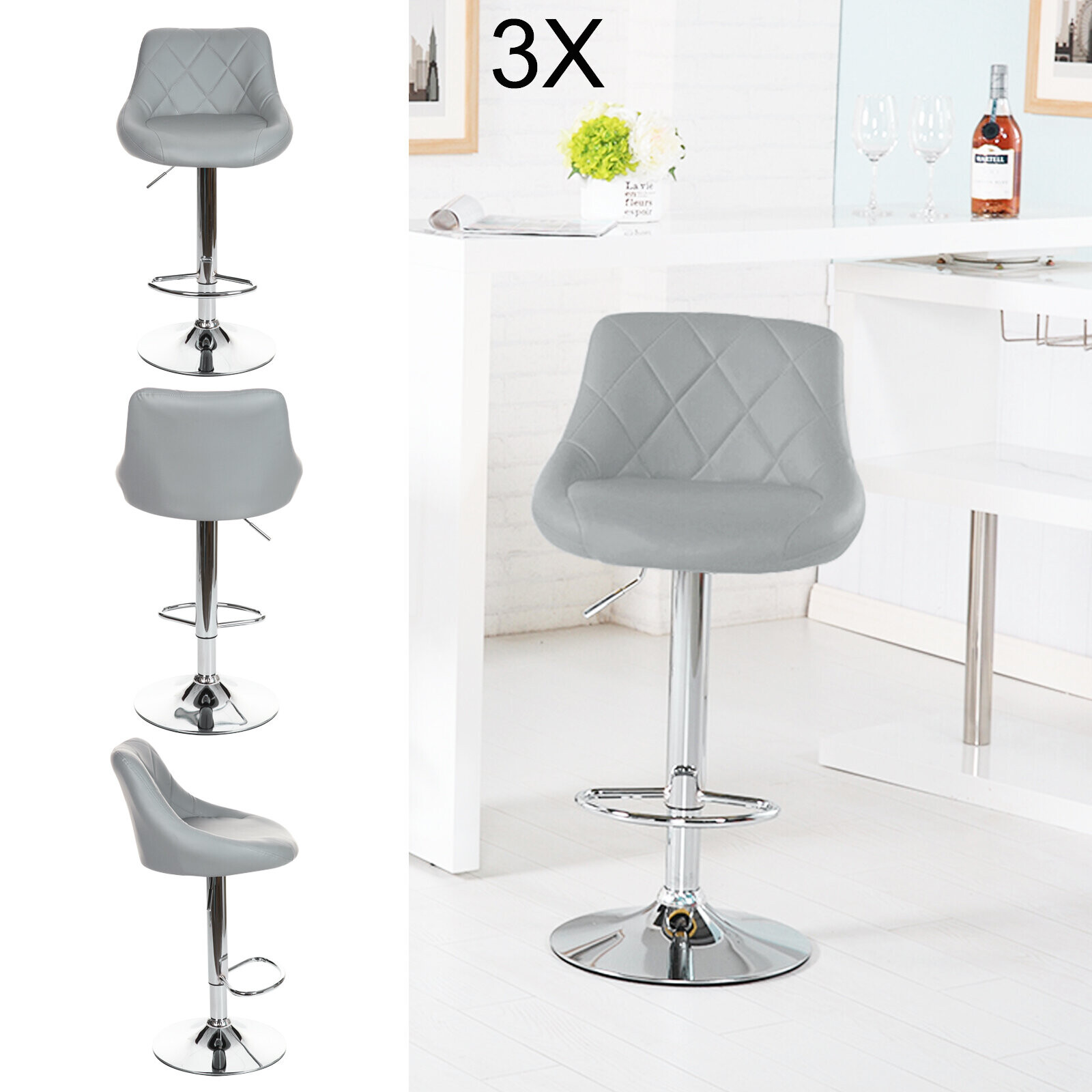 Faux Leather Bar Stools (Grey) on OnBuy