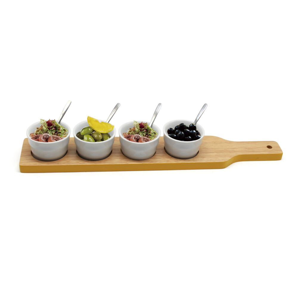 Wooden Paddle Porcelain Dips Bowls Appetizers Tapas Serving Dishes Set