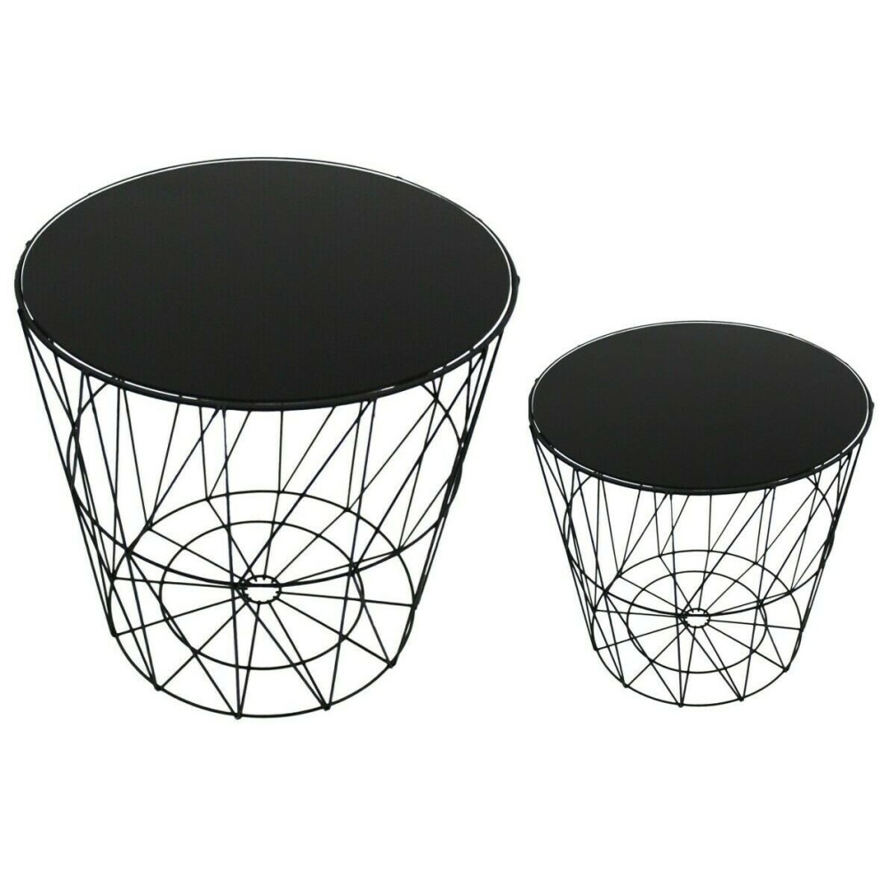 Set Of 2 Side Tables Nesting Coffee Tables Black With Black Glass Top