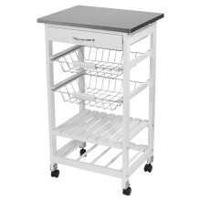 White Wood & Metal Rolling Kitchen Serving Trolley with Stainless Steel Top, Drawer, 2 Pull-Out Trays & Shelves