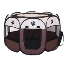 (Beige & Brown, Small - 29.1" x 29.1" x 16.9") Youngshion Collapsible Travel Indoor Outdoor 8 Panel Pet Playpen Bag Portable Dog Cat Exercise Kennel with Bonus Carrying Case