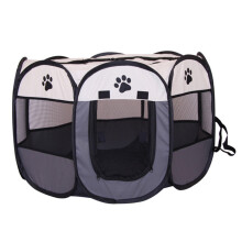 (Beige & Grey, Small - 29.1" x 29.1" x 16.9") Youngshion Collapsible Travel Indoor Outdoor 8 Panel Pet Playpen Bag Portable Dog Cat Exercise Kennel with Bonus Carrying Case