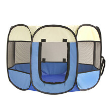 (Beige & Blue, Small - 29.1" x 29.1" x 16.9") Youngshion Collapsible Travel Indoor Outdoor 8 Panel Pet Playpen Bag Portable Dog Cat Exercise Kennel with Bonus Carrying Case
