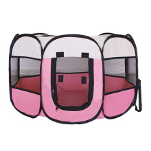 (Beige & Pink, Medium - 35.8" x 35.8" x 22.8") Youngshion Collapsible Travel Indoor Outdoor 8 Panel Pet Playpen Bag Portable Dog Cat Exercise Kennel with Bonus Carrying Case