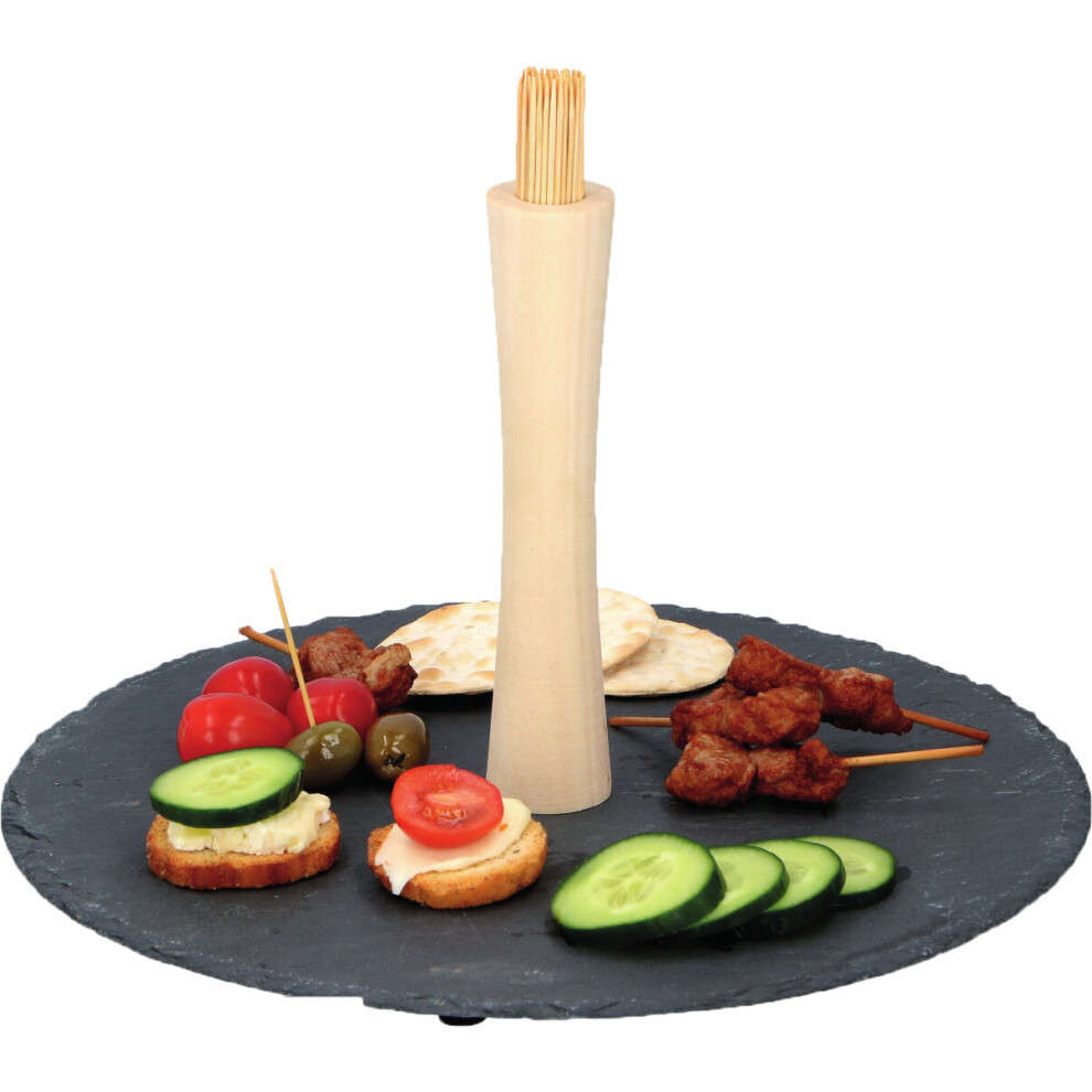 Round 30cm Slate Snack Serving Tray Dish Toothpick Holder Set