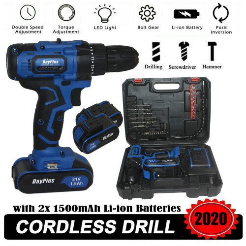 (Drill Set with Two Batteries) Cordless Drill Driver Screwdriver Combi Drill with Manual Hammer 1