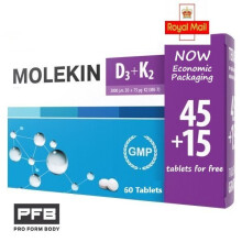 Molekin D3 + K2, 60 tabs, 45 + 15 tablets for free! Witamina D3 K2