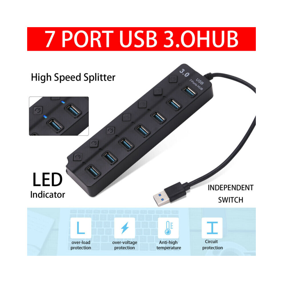 Powered 7-Port Usb 3.0 Hub 5Gbps - Plug & Play Usb Splitter For Pc/Laptop (Windows, Mac, Linux) Black 757510881765