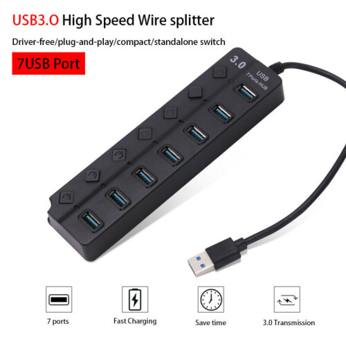 Powered 7-Port USB 3.0 Hub 5Gbps - Plug & Play USB Splitter for PC/Laptop (Windows, Mac, Linux) 2