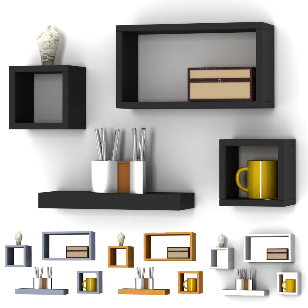 Urbn Living (Black) Set Of 4 Wooden Floating Cube Shelves Black