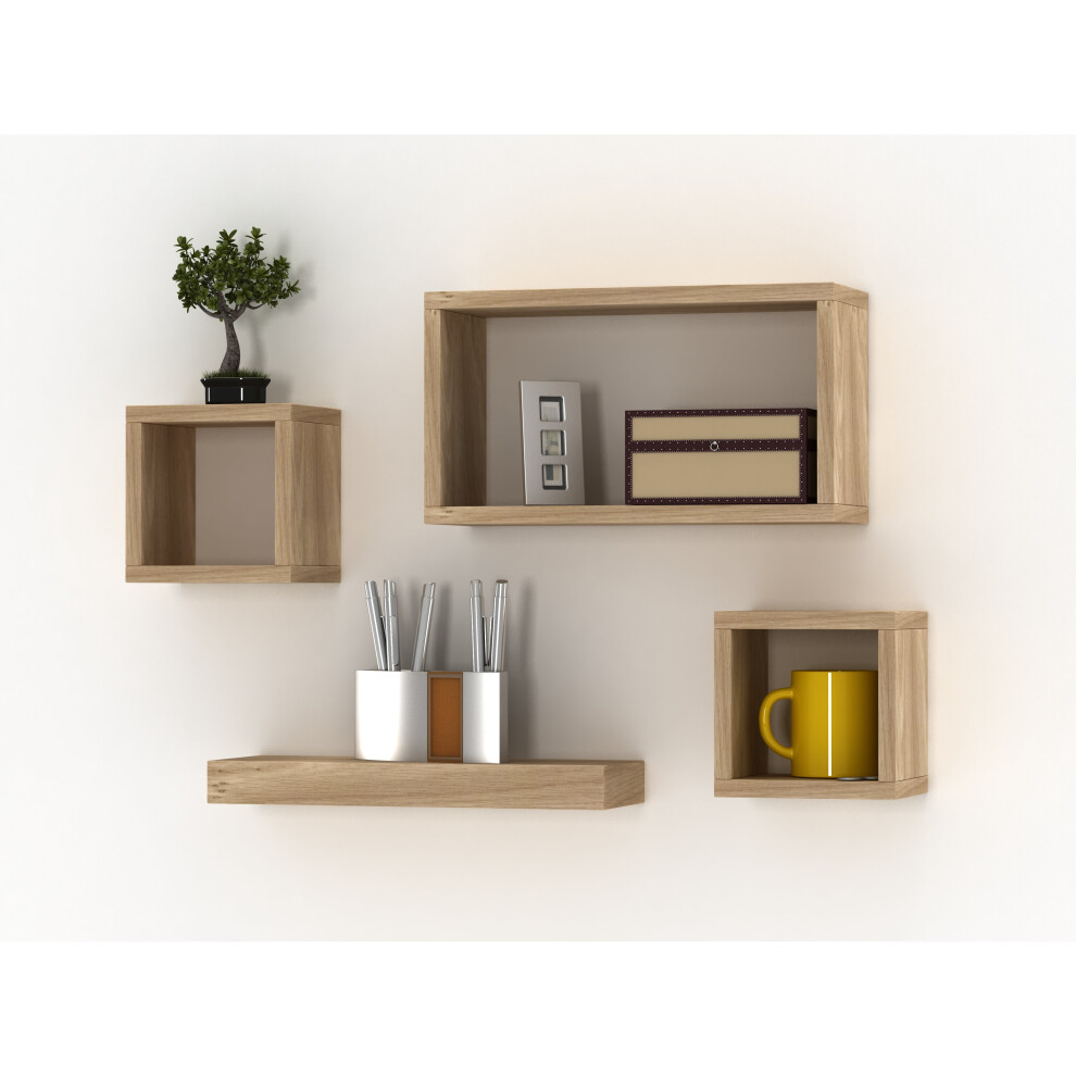 (Oak) Set Of 4 Wooden Floating Cube Shelves