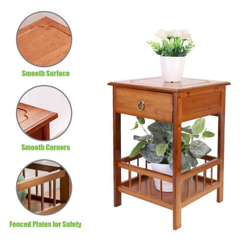 (S) Bamboo Side Table Small Tall Narrow Nightstand 2