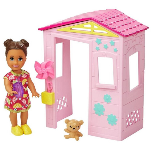 Barbie Barbie Skipper Babysitters Inc. Accessories Set with Small Toddler Doll & Pink Playhouse  Plus Pinwheel  Teddy Bear & Cup  Gift for 3 to 7 Year O