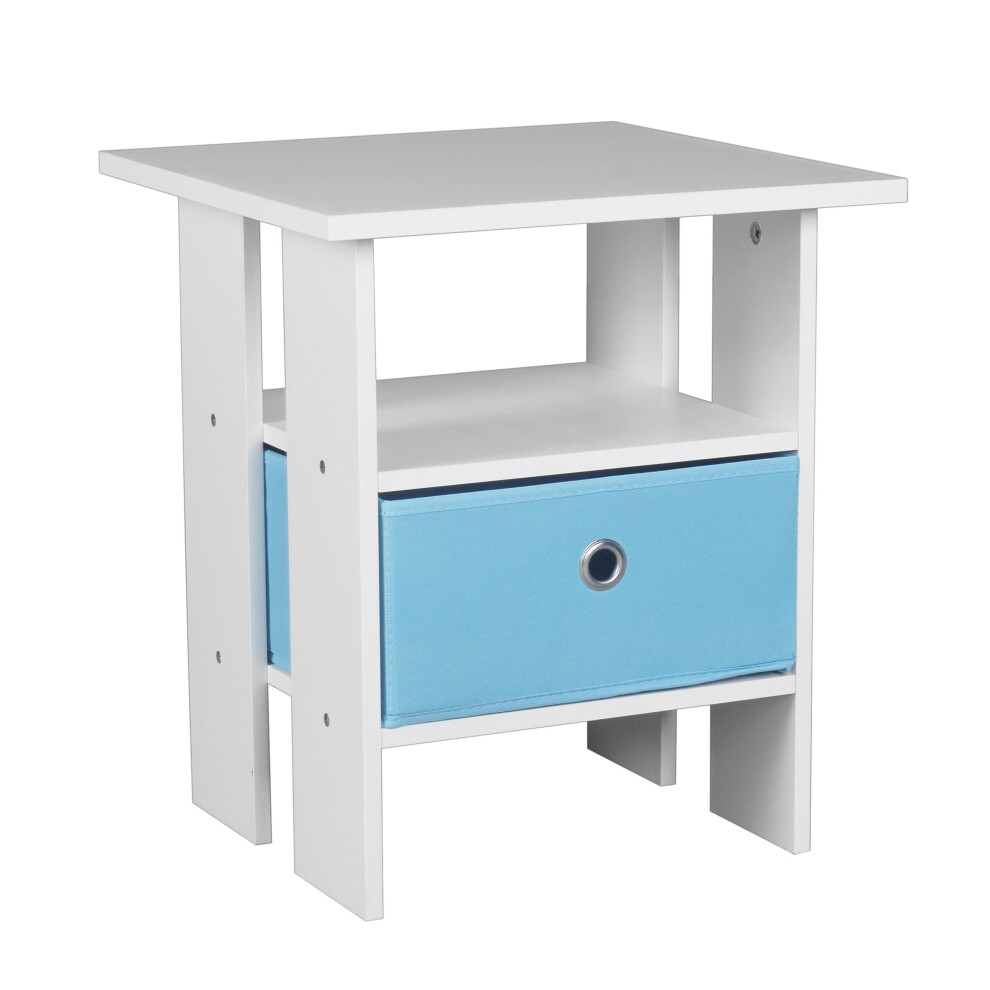 (White, Light Blue) 2 Tier Wooden Table Bedside Nightstand 1 Drawer