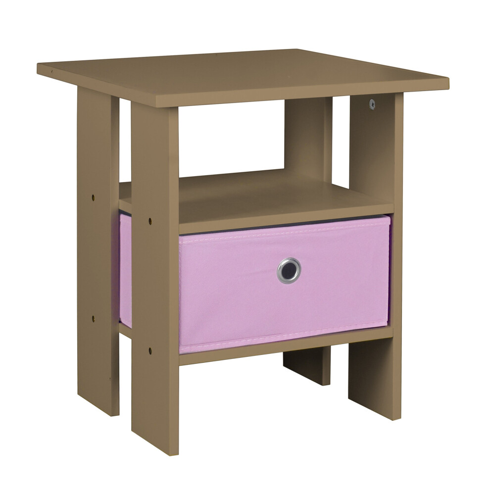 (Oak, Pink) 2 Tier Wooden Table Bedside Nightstand 1 Drawer