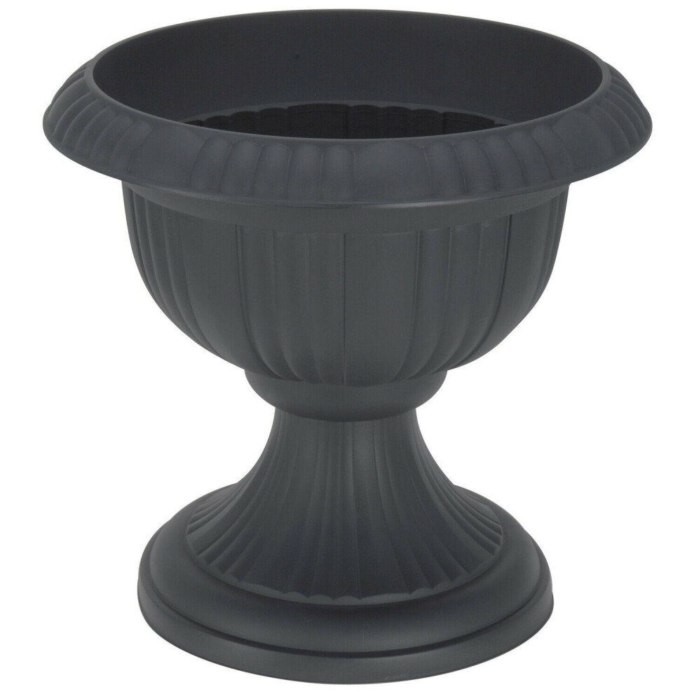 Large 36cm Urn Planter on Flower Pedestal, Grey Rippled Plastic Plant Pot