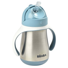 BEABA, Biberon/Tazza di apprendimento /Bottiglia per Bambini 2 in 1 Inox, Tazza con Cannuccia per Bambini, 100% impermeabile, Antifuga, 250ml, Blu