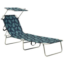 vidaXL Folding Sun Lounger with Canopy Steel Leaves Print Lounge Chair Sunbed