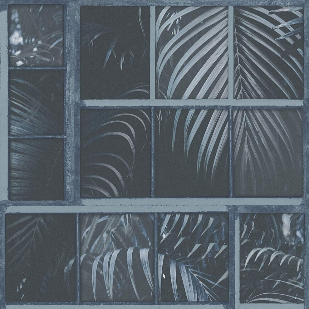 (Blue Black 37740-4) AS Creation Tropical Jungle Palm Tree Leaf Leaves Tiles Wallpaper Vinyl Textured