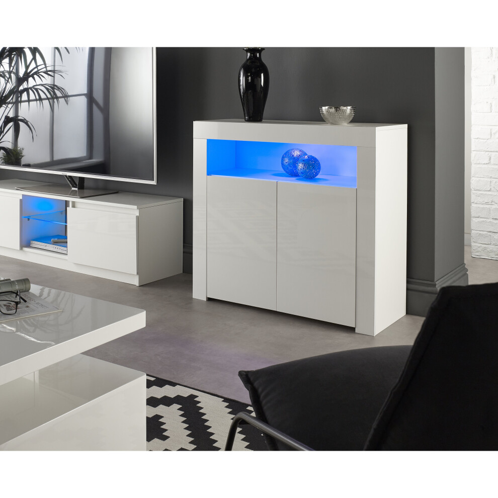 (White) MMT Modern White/Black Matt Gloss Buffet Sideboards Display Cabinets with LED Lights