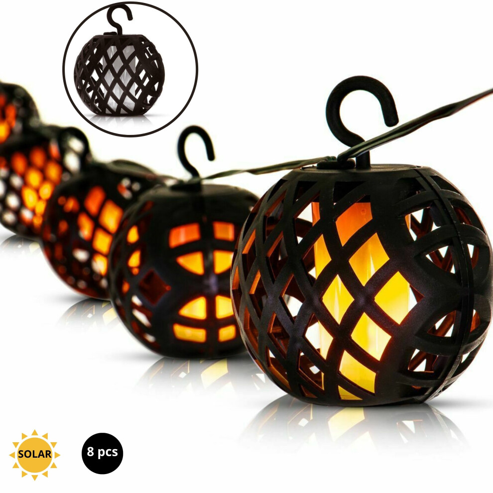 GEEZY 8pc LED Solar Rattan Ball Flame Effect String Light Patio Outdoor Garden Lantern