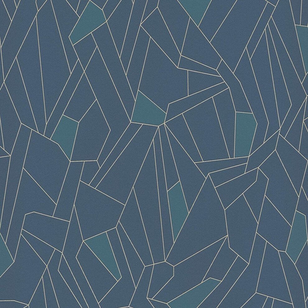 (Blue Teal Gold 37677-2) AS Creation Geometric Embossed Geo Wallpaper Textured Vinyl Metallic Non Woven