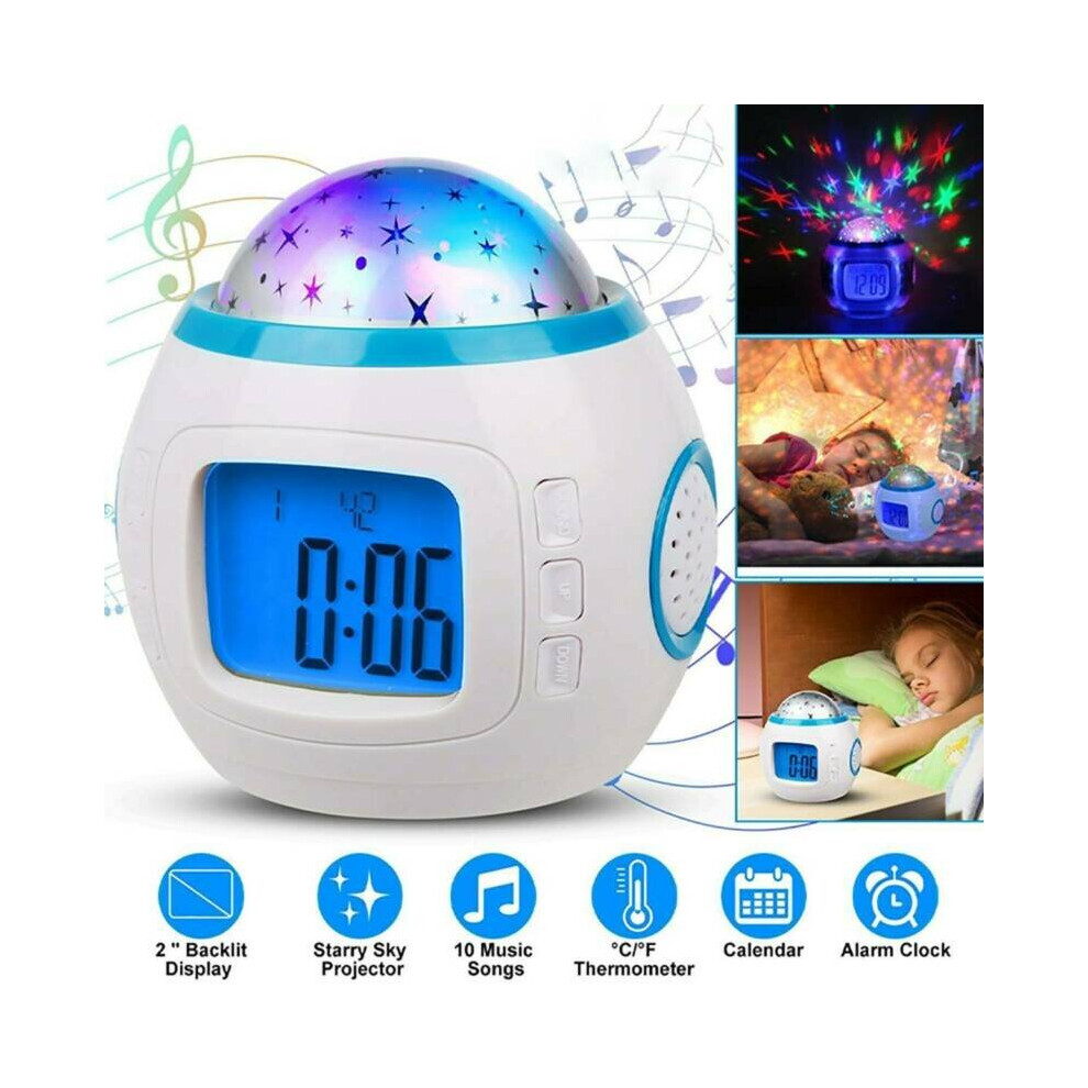 Kids Digital Alarm Clock Music LED Star Sky Projection Lamp Thermometer Bedroom
