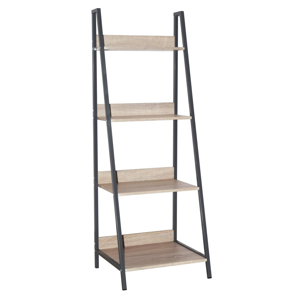 Oak Black Metal Ladder Shelving Unit 4 Tier Display Stand Book Shelf Wall Rack