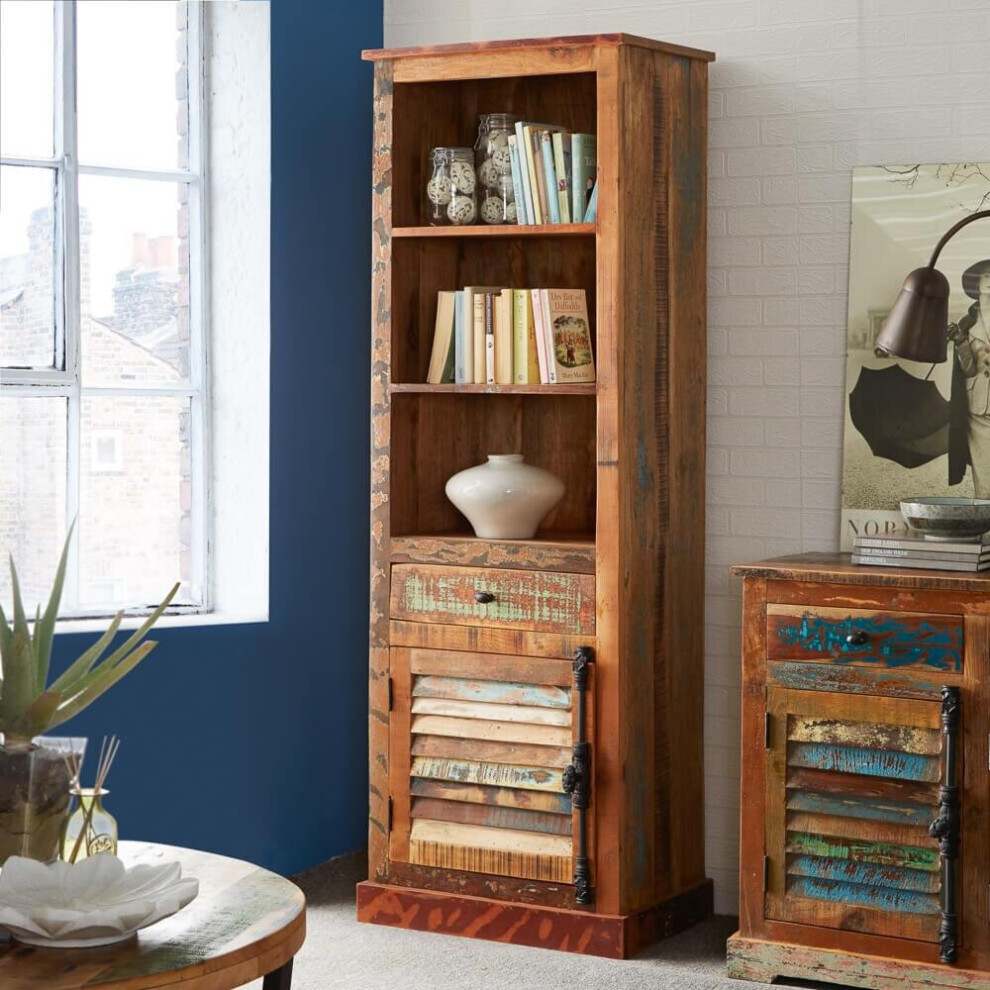 Beverly Tall Narrow Bookcase Cabinet Drawer Storage Rustic Wood Handmade Finish