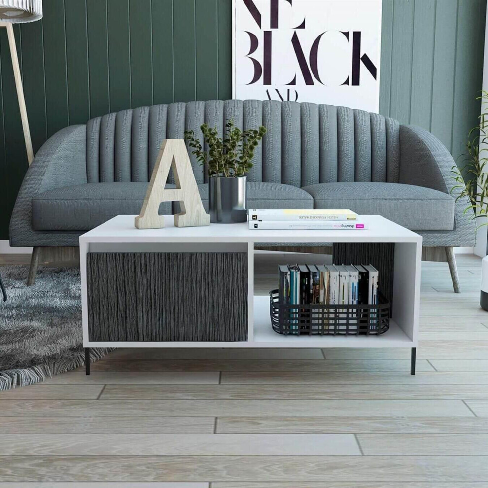 White Coffee Occaisional Table with Grey Oak Effect Drawer Open Shelf Storage