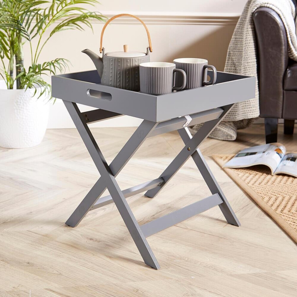 (Grey) Folding Butlers Side Table Portable Wooden Food Serving Tray Drink Dinner