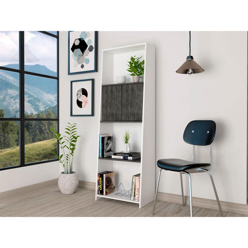 White 4 Tier Bookcase Cupboard With Grey Oak Effect Panels Shelves and 2 Doors